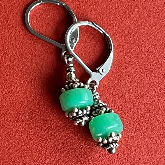 Green Jade Small Earrings, Silver, Boho Gemstone Earrings - Picture 3 of 5
